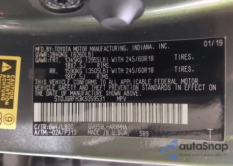 2019 Toyota Highlander Hybrid Xle z USA, uszkodzony, nr VIN 5TDJGRFH3KS059531